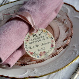 étiquette mariage, monsieur et madame, premier repas, papier ivoire, couronne florale
