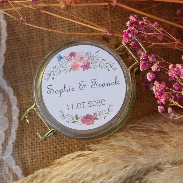 sticker mariage-etiquette adhesive blanche- fleurs et olivier-mariage champetre-provence