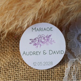 stickers mariage-pivoine-personnalisé-faire part-cadeau invité-pot de confiture-bouteille-rond-papier blanc