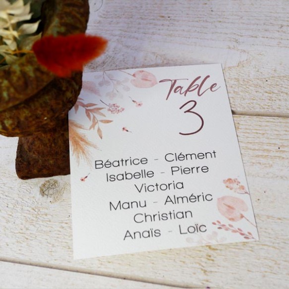 plan de table-fleurs sèches-mariage-baptême-papier blanc-ton rosé