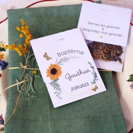 sachets de graines à semer-papier blanc-fleurs des champs-tournesol-bapteme-naissance-communion