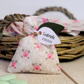 Pochon à fleurs-vintage-etiquette forme feuille-original-naissance-communion